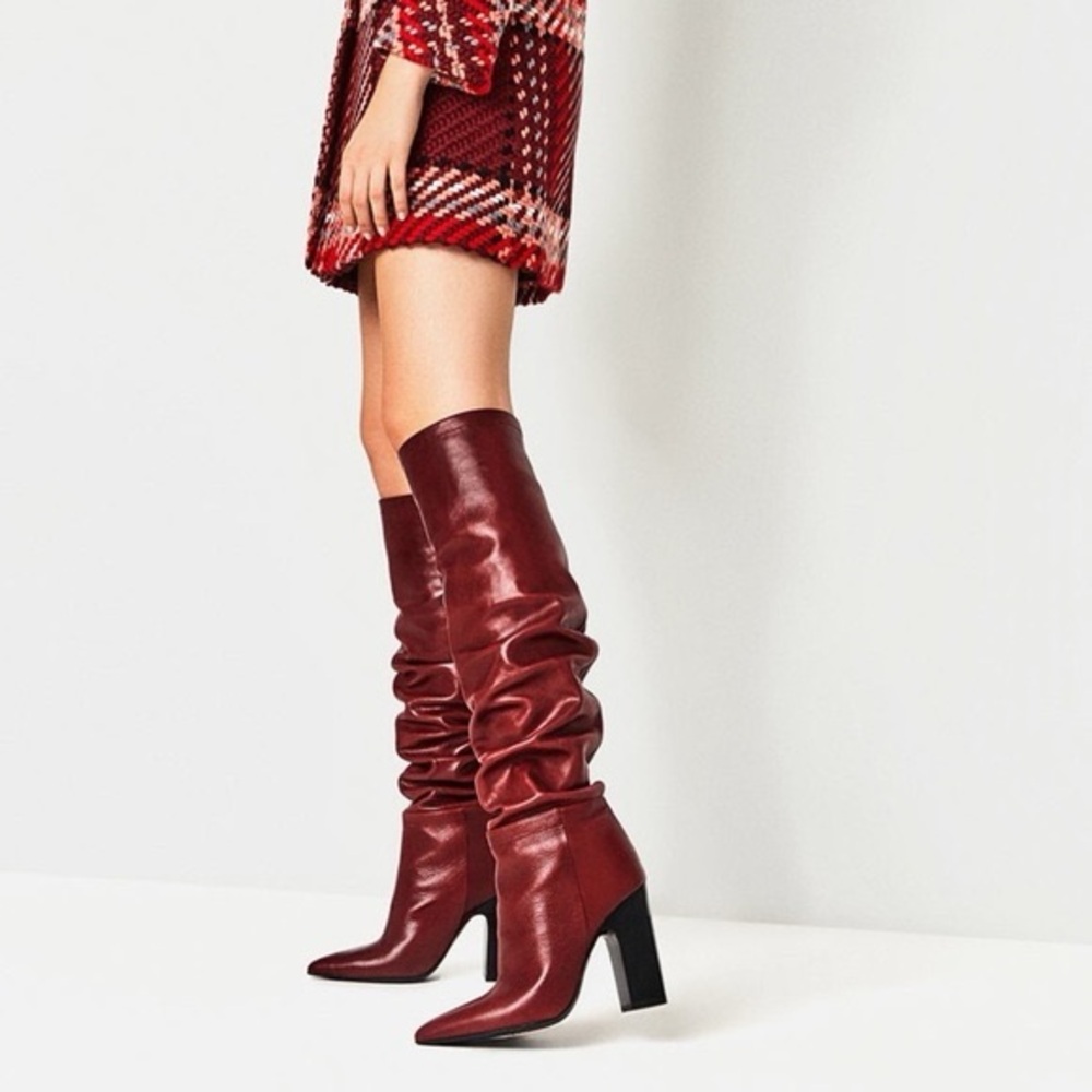 Zara Leather Knee Length Burgundy Heeled Boots Size 38 (US 7.5)